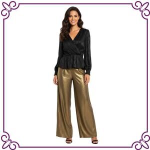 Michael Kors Surplice Neck Black Long Sleeve Wrap Peplum Blouse XL